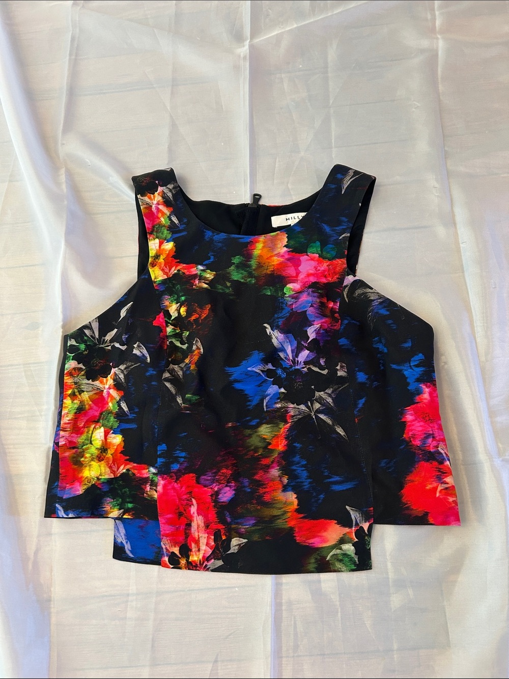 Milly Black Floral Multicolor Sleeveless Crop Top